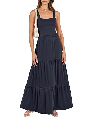 ANRABESS Women's Summer Casual Long Maxi Beach Vacation Dresses Sleeveless Square Neck Flowy Tier... | Amazon (US)