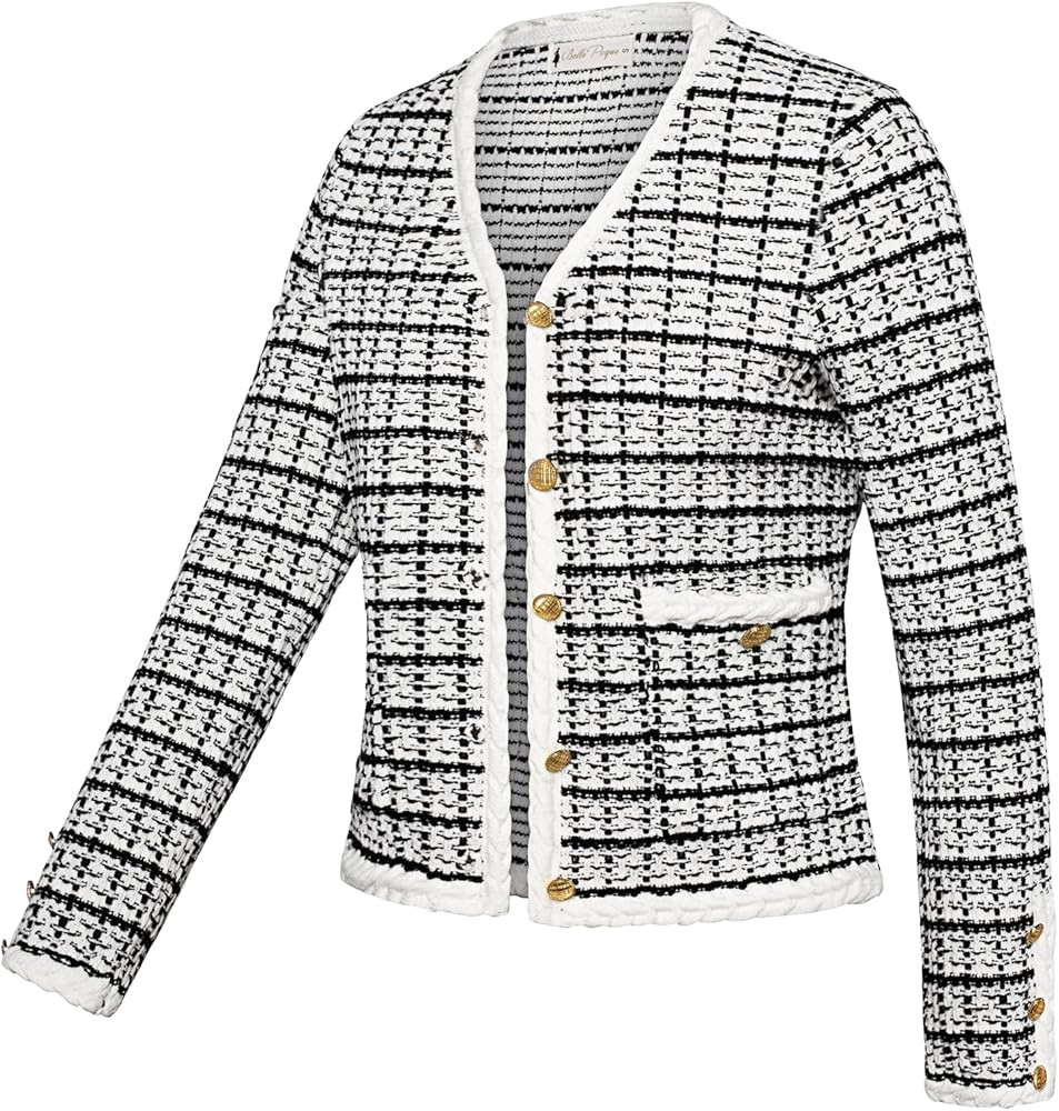 Belle Poque Women Cardigan Sweaters Tweed Pattern Jacket V Neck Sweater Blazer with Button for Fa... | Amazon (US)
