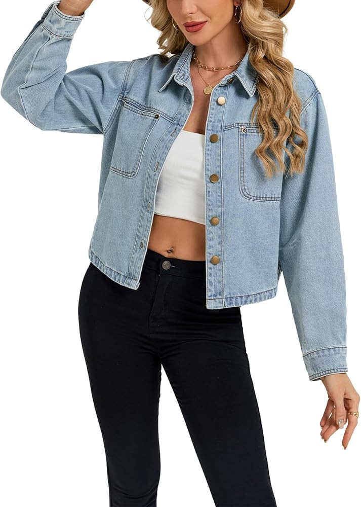 Denim Jacket Women Long Sleeve Cropped Jean Shirt Jackets Lightweight Button Down Casual Shacket ... | Amazon (US)