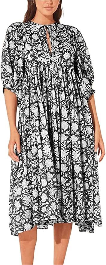 Alyweatry Women 2023 Summer Boho Midi Dress V Neck Puff Sleeve Floral Loose Flowy Swing Sundress ... | Amazon (US)