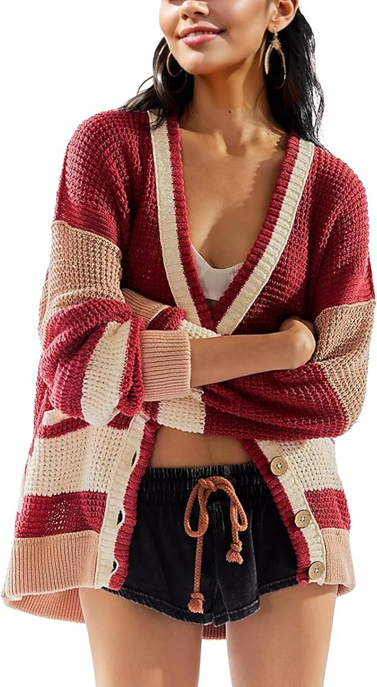Womens Button Down Cardigan Sweaters Long Sleeve V Neck Knit Tops with Pockets(Red-S) | Amazon (US)