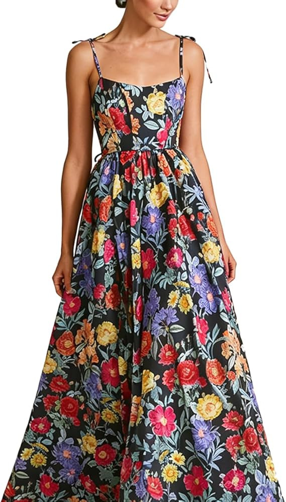 Women Floral Maxi Dress Spaghetti Strap Boho Wedding Guest Beach Vacation Flowy Long Dress Smocke... | Amazon (US)