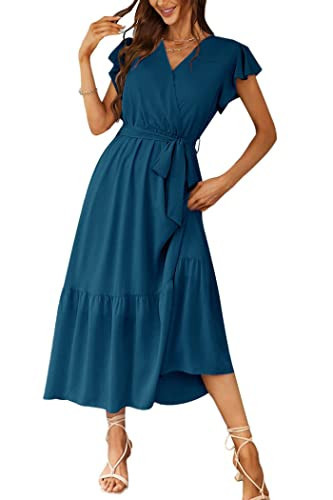 PRETTYGARDEN Women's Summer Floral Boho Dress Wrap V Neck Short Sleeve Ruffle A-Line Flowy Maxi Wedding Guest Dresses (Solid Lake Blue,Large) | Amazon (US)