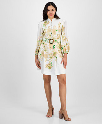Tahari Women's Mandarin-Collar Belted Long-Sleeve Dress | Macy's
