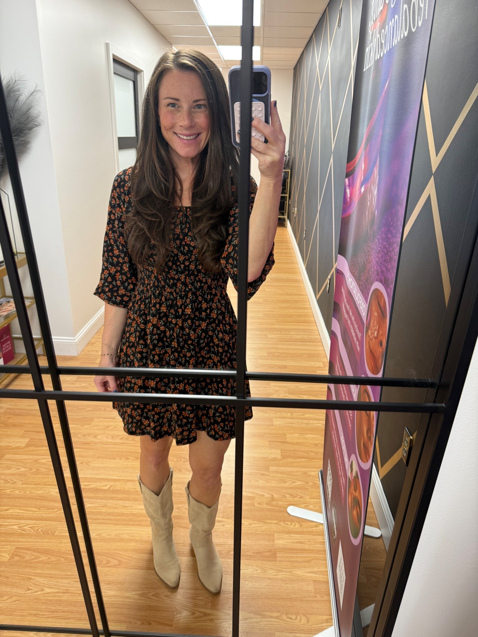 Fall floral smocked top off black dress with women's western tan boots 

#LTKSeasonal