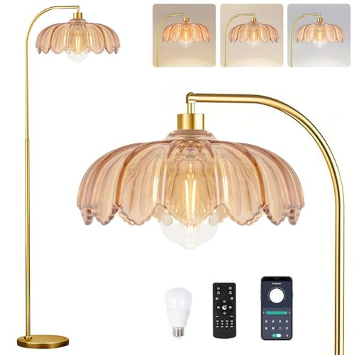 QIYIZM Gold Floor Lamp Dimmable Standing Lamp with Remote,Brass Tall Lamp Mid Century Modern Retro Glass Vintage Green Lamp Floor Light Boho Bohemian for Living Room,Bedroom | Amazon (US)
