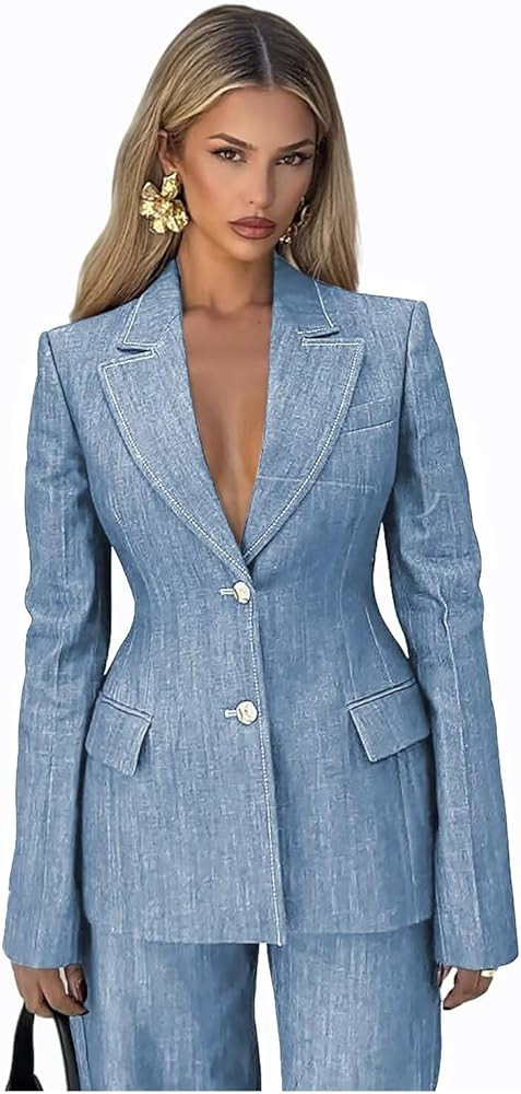 LEWIJO Denim Suits for Women 2 Piece Dressy Casual Womens Suit Business V Neck 2 Button Womens Su... | Amazon (US)