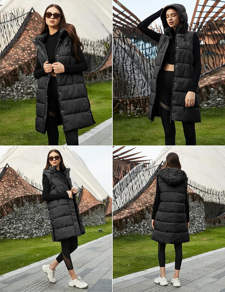 PUWEI Long Puffer Vest Women Quilted Hooded Vest Padded Sleeveless Coat Jackets With Pockets | Amazon (US)