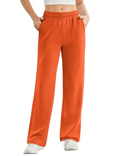 PINSPARK Women Loose Straight Leg Sweatpants High Rise Full Length Athletic Pants Skin-Friendly Active Lounge Exercise Sweat Pant Fashion with 2 Side Pockets Petite X-Small, Orange | Amazon (US)