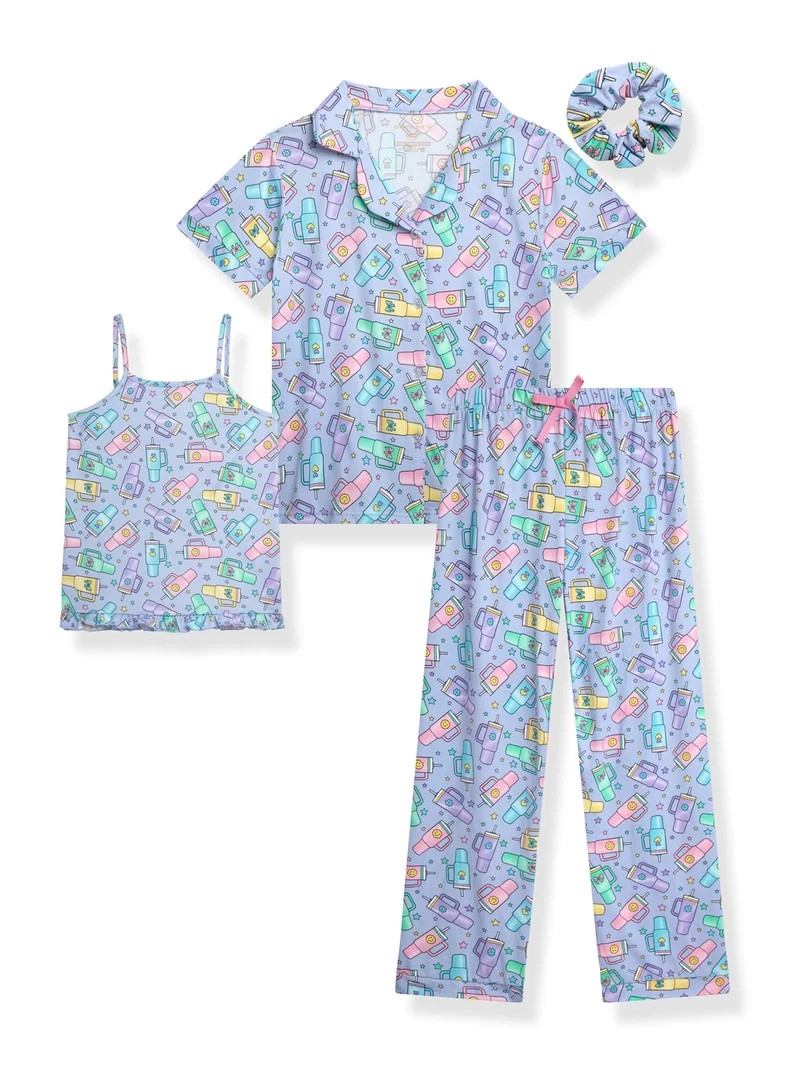 Princess Rose Girls Pajamas Set Cute Sleep Shirt Top Pajama Pants Shorts with Scrunchie 4 Piece | Walmart (US)