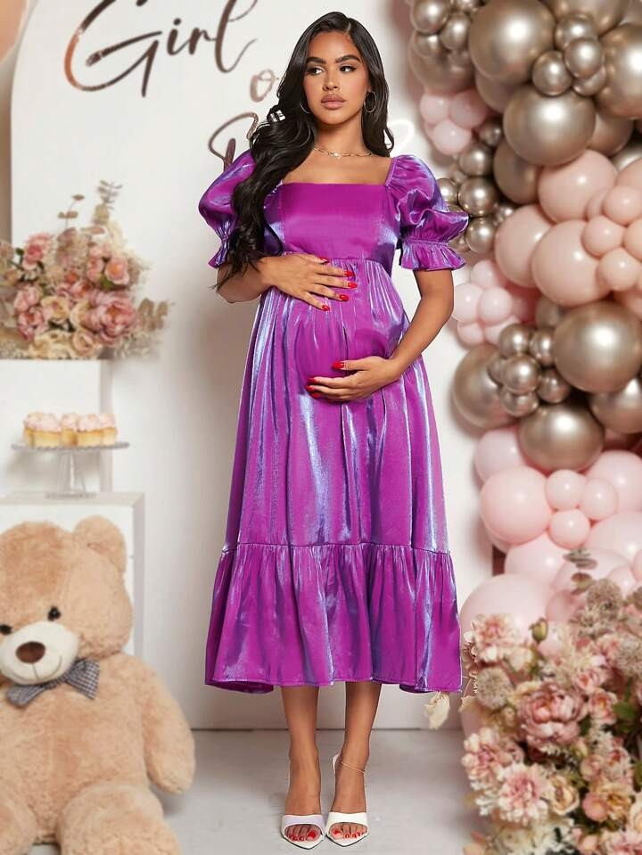 SHEIN Maternity Square Neck Puff Sleeve Ruffle Hem Dress | SHEIN