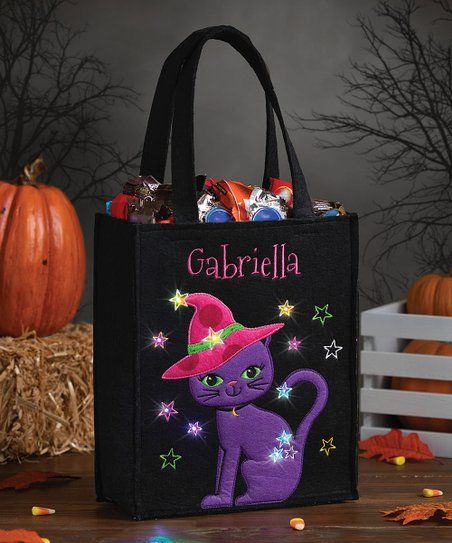 Black & Purple Cat with Hat LED Personalized Name Halloween Favor Bag | Zulily