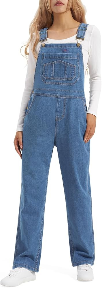 HISEA Women's Stretch Denim Bib Overalls, Women Relaxed Fit Casual Straight Leg Jean Overall with... | Amazon (US)