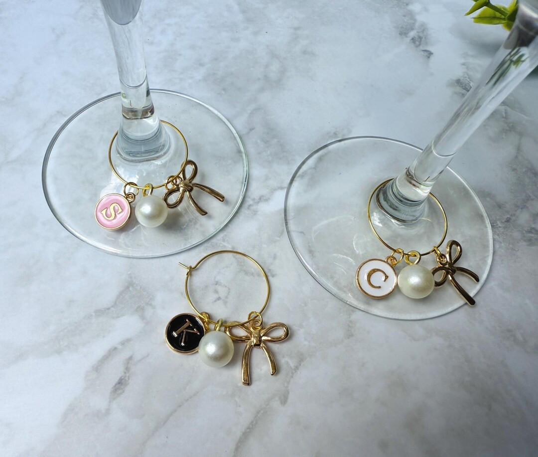 Personalized Initial Wine Glass Charms: Pearl & Bow Bridal Shower Favors - Etsy | Etsy (US)