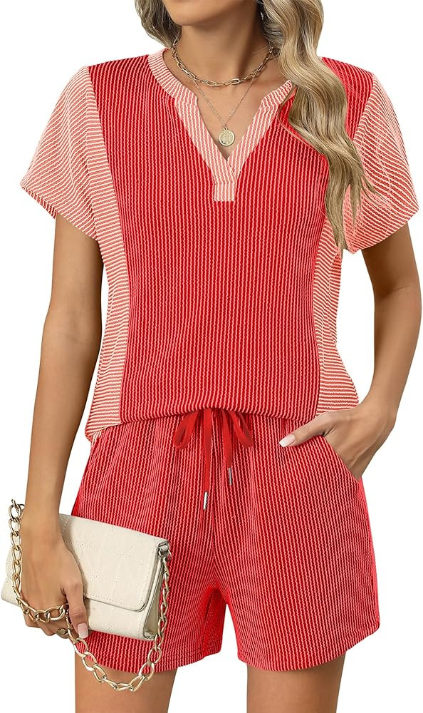 Micoson Short Sets for Women 2 Piece Outfits Color Block Casual Short Sleeve Shirts and Pocket Sh... | Amazon (US)