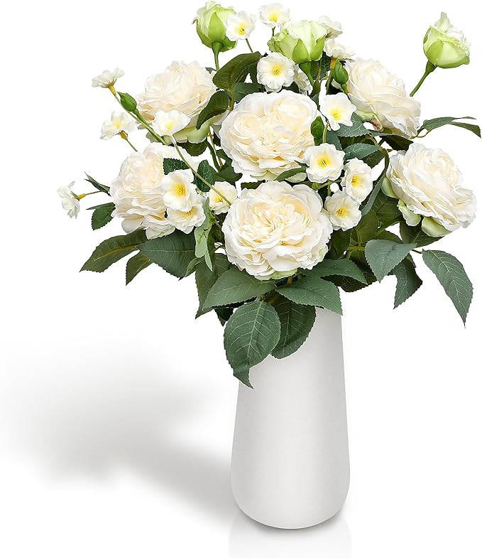 Artificial Flowers in Vase, Fake Roses Peonies Flower Bouquet with Ceramic Vase Floral Arrangemen... | Amazon (US)