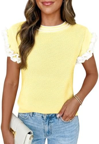 Saodimallsu Womens Ruffle Short Sleeve Sweaters Casual Crew Neck Color Block Loose Knit Summer Tr... | Amazon (US)