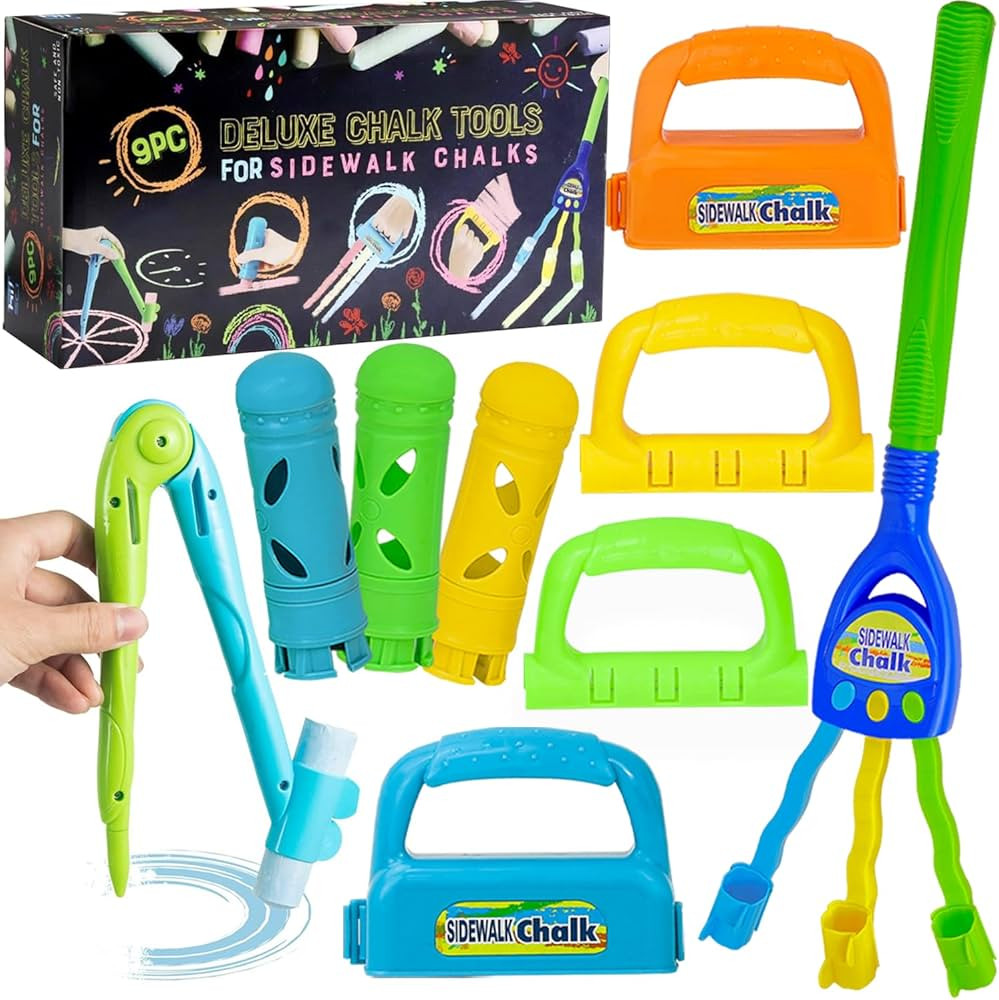 Sidewalk Chalk Holders, 9 PCS Outdoor Chalk Play Tools, Adjustable Jumbo Chalk Rake, Chalk Clip, ... | Amazon (US)