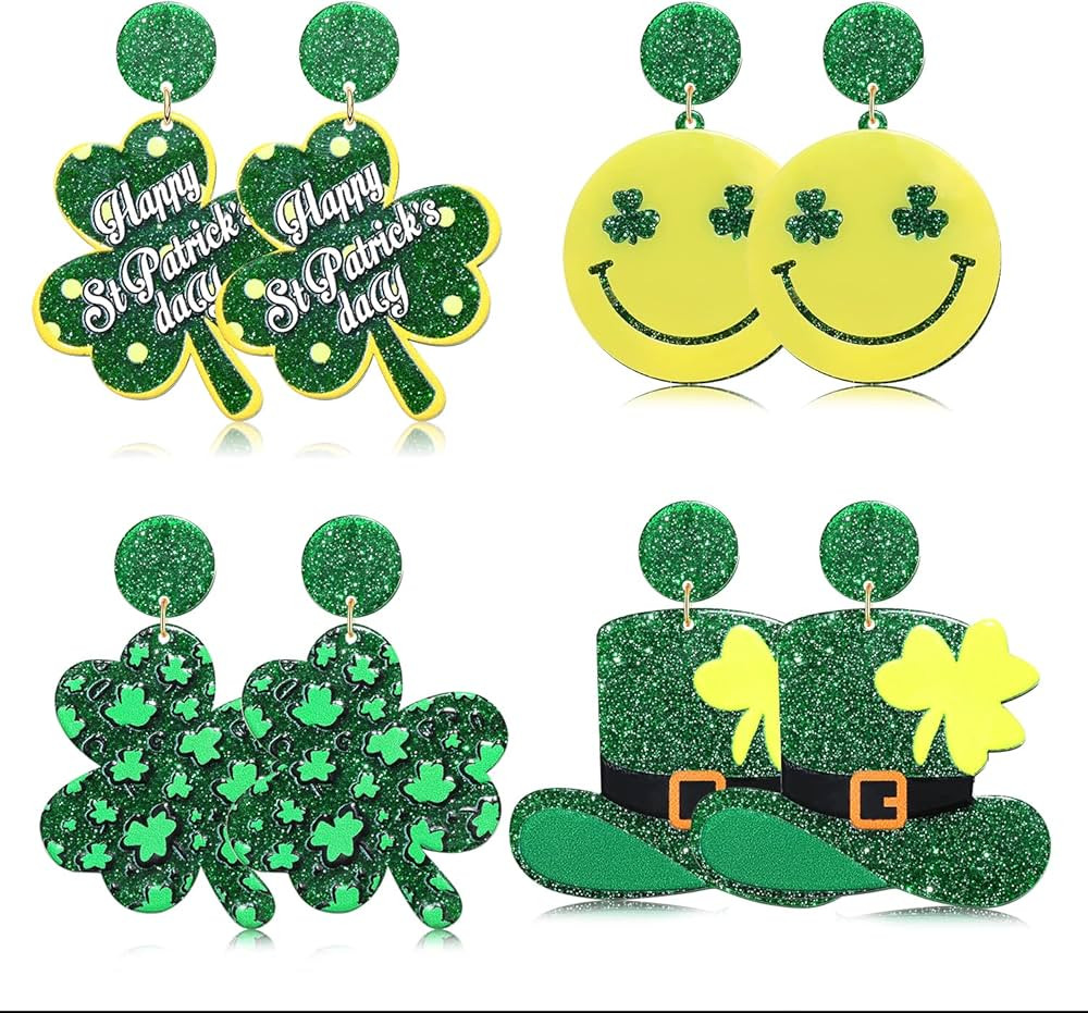 Vogueknock 4 Pairs St Patricks Day Earrings for Women Green Acrylic Shamrock Hat Lucky Leaf Drop Dangle Earrings Irish Holiday Festive Jewelry Gift | Amazon (US)