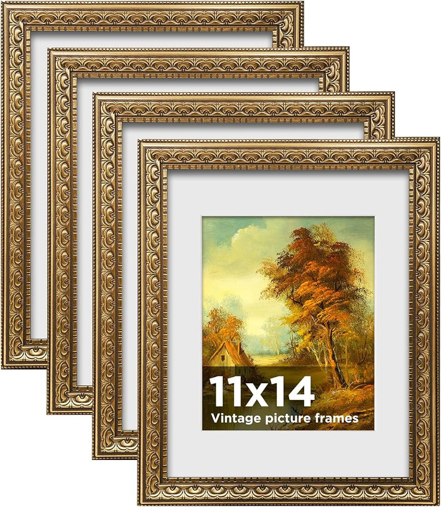 11x14 Vintage Picture Frames,Antique Frames with White Mat for 8x10 Picture,Gold Frames for Wall ... | Amazon (US)
