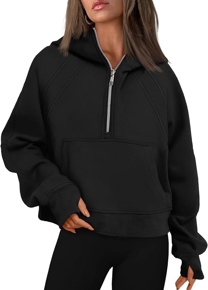 WYNNQUE Womens Quarter Zip Pullover Cropped Hoodies Long Sleeve Fleece Half Zip Sweatshirts Fall ... | Amazon (US)