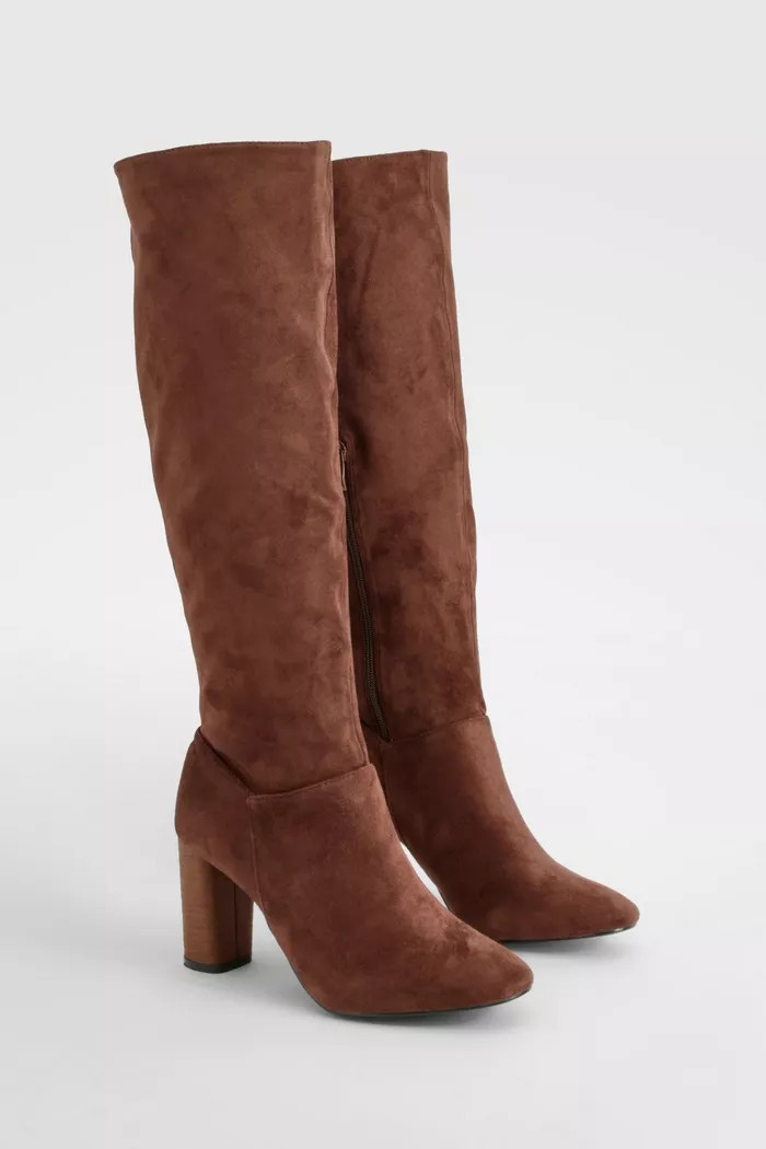 Block Wooden Heel Faux Suede Knee High Boots | Boohoo.com (UK & IE)
