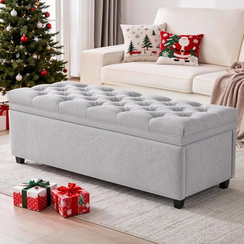 Mangodan 50" Storage Ottoman Bench, Tufted Ottoman with Storage for Living Room, Large End of Bed Ottomans, Modern Entryway Benchs, Window & Bedroom Benches for Foot of Bed (LightGray) | Amazon (US)