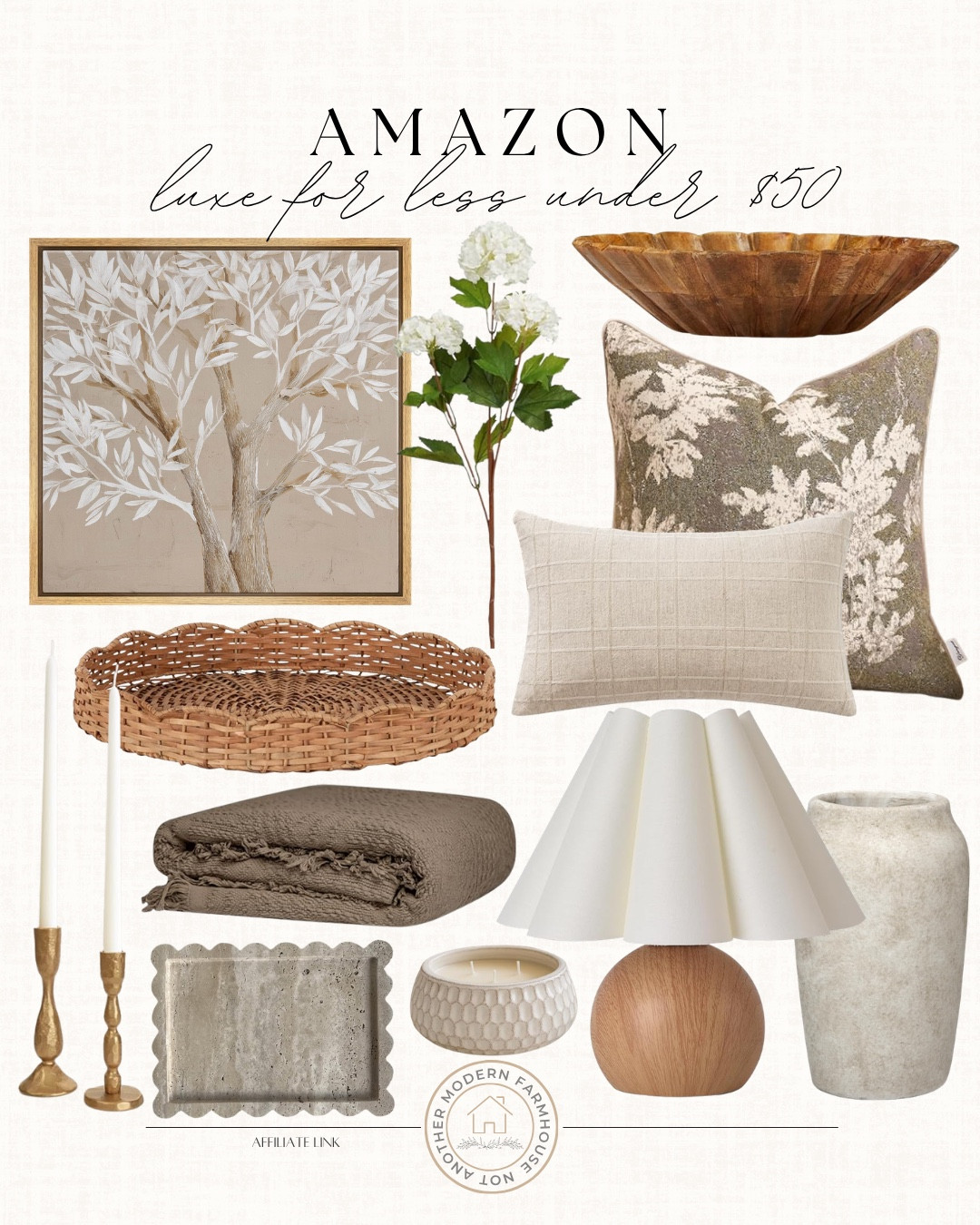 Amazon home accents under $50 include table lamp, vase, candle, throw blanket, tray, candle stick holders, throw pillows, wooden bowl, floral stems, and wall art.

Home decor, luxe for less, home accents, curated home, neutral home

#LTKHome #LTKSaleAlert #LTKSeasonal