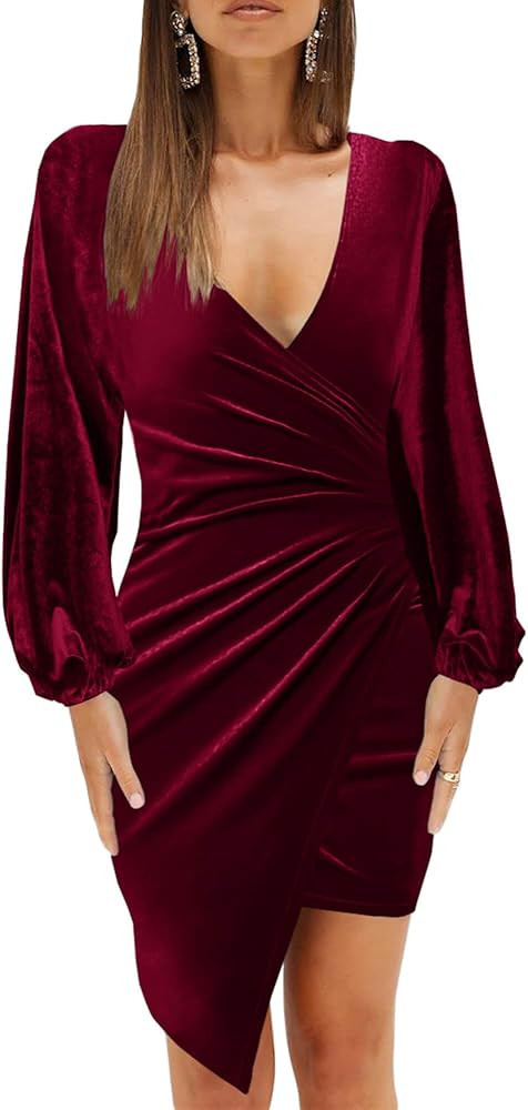 Wenrine Women's Wrap V Neck Dresses Slim Fitted Long Sleeve Slit Ruched Party Short Velvet Dress | Amazon (US)