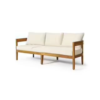 Burrough Teak Wood Outdoor Couch with Beige Cushions | The Home Depot