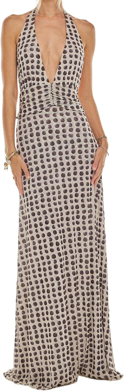 Amiblvowa Women Halter V Neck Maxi Dress Sexy Backless Bodycon Low Cut Long Dress Open Back Cockt... | Amazon (US)