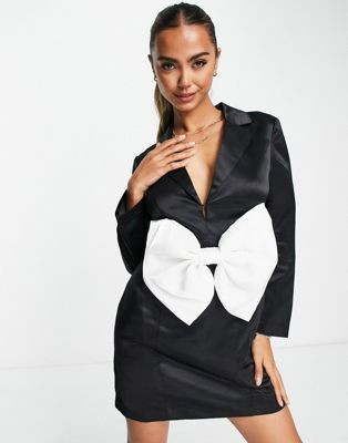 Band Of Stars premium contrast organza bow satin mini dress in white and black | ASOS (Global)