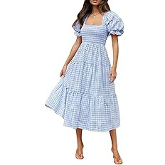 ZESICA Women's 2026 Bohemian Summer Plaid Square Neck Puff Sleeve Ruffle Flowy Beach Midi Dress | Amazon (US)