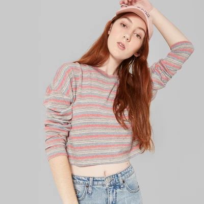 Women's Striped Long Sleeve Crew Neck Boxy Hacci Top - Wild Fable™ Pink | Target