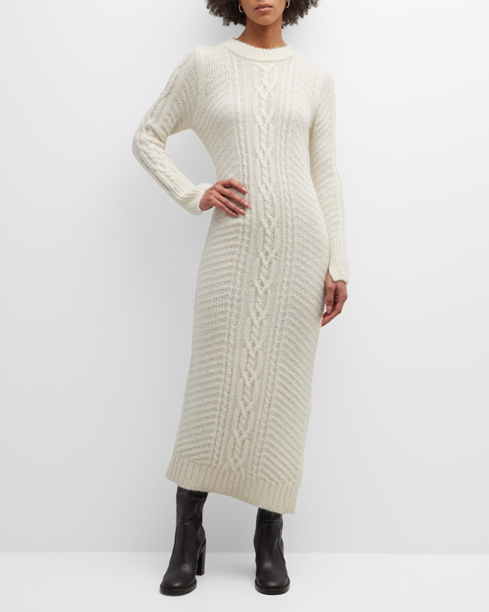 Lora Cable-Knit Split-Cuff Midi Sweater Dress | Neiman Marcus