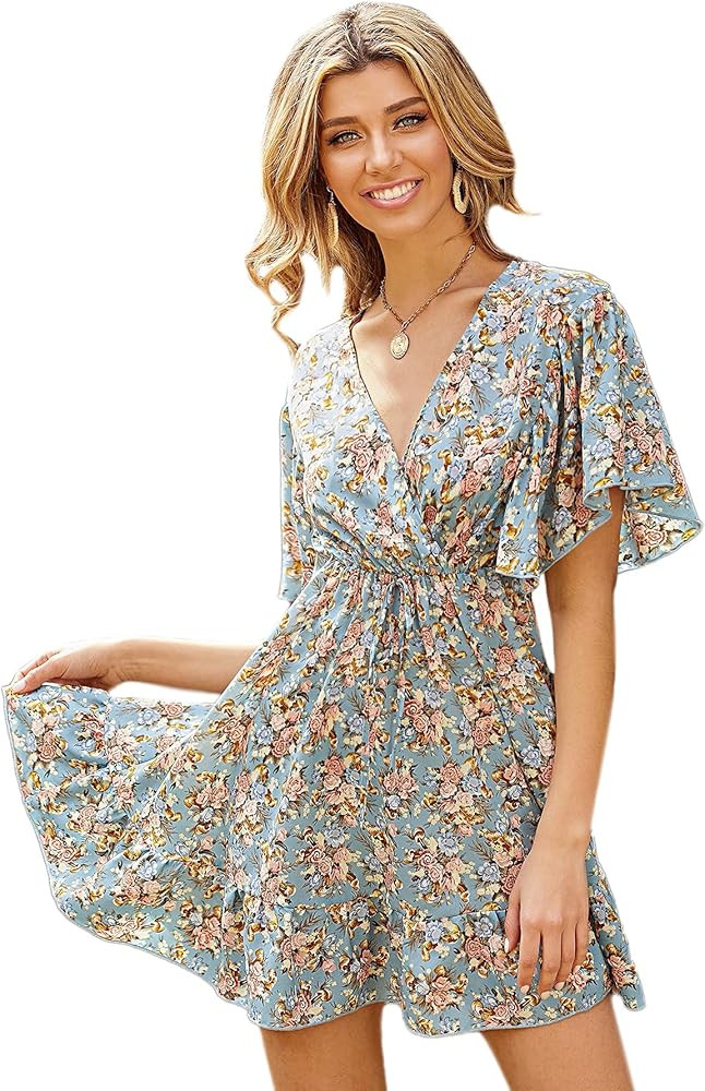 Floerns Women's Polka Dots V Neck Short Sleeve A Line Short Dress | Amazon (US)