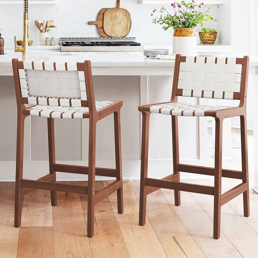 LUE BONA Counter Height Bar Stools 24inch, Set of 2 Faux Leather Woven Counter Stool with Backs, ... | Amazon (US)