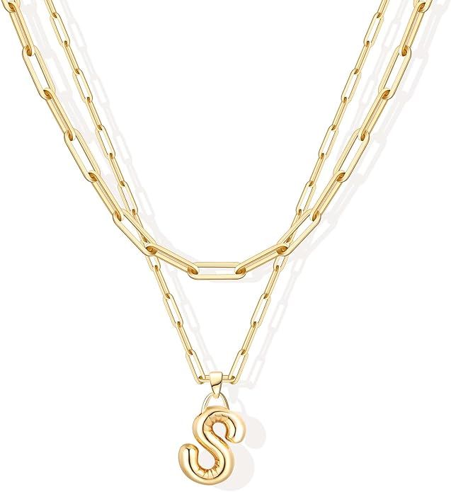 Bubble Letter Necklace for Women Girls Balloon Initial Layered Necklaces 14K Gold Plated Chunky Alphabet Pendant Paperclip Link Double Choker | Amazon (US)