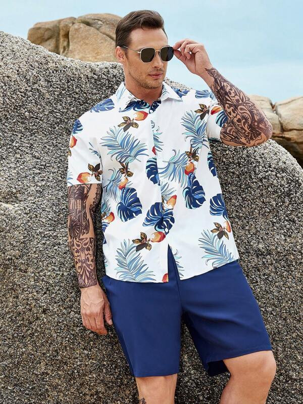 Extended Sizes Men Tropical Print Shirt & Drawstring Waist Shorts  SKU: sm2303071026775175(50 Rev... | SHEIN