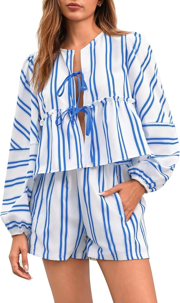 Tankaneo Womens 2 Piece Outfits Tie Front Peplum Tops Shorts Sets Striped Puff Long Sleeve Blouse... | Amazon (US)