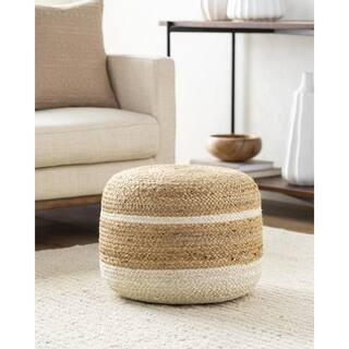 Saratov Beige/White Cottage 18 in. L x 18 in. W x 14 in. H Jute Pouf | The Home Depot