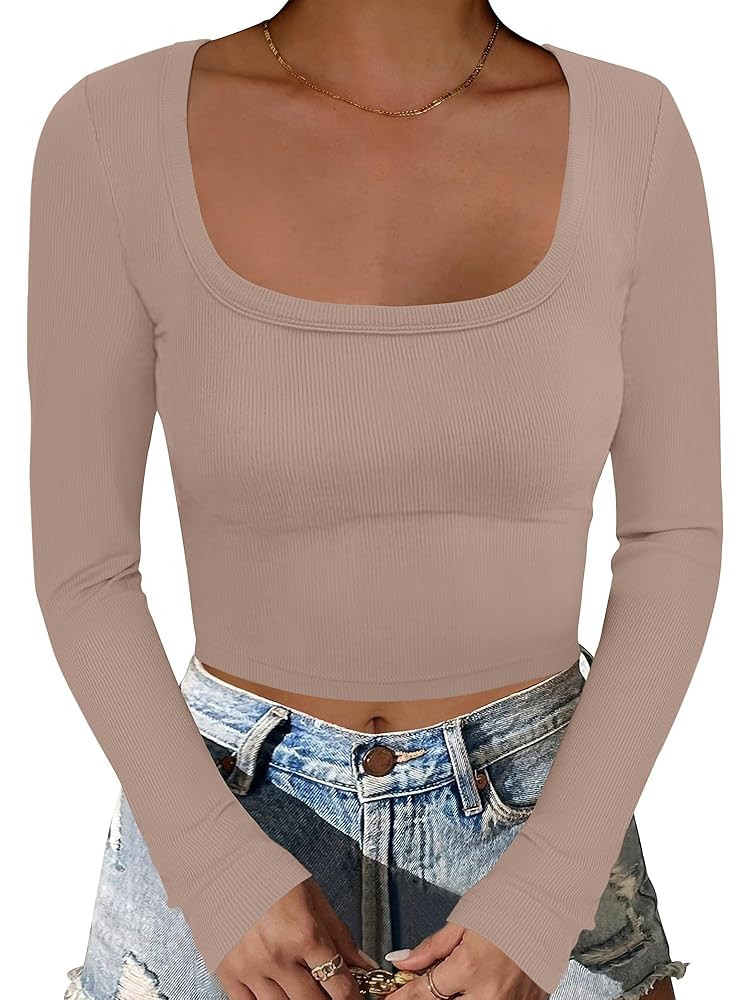 ANRABESS Women's Long Sleeve Square Neck Crop Top Ribbed Slim Fitted Basic Tee Layer Y2K Shirts F... | Amazon (US)