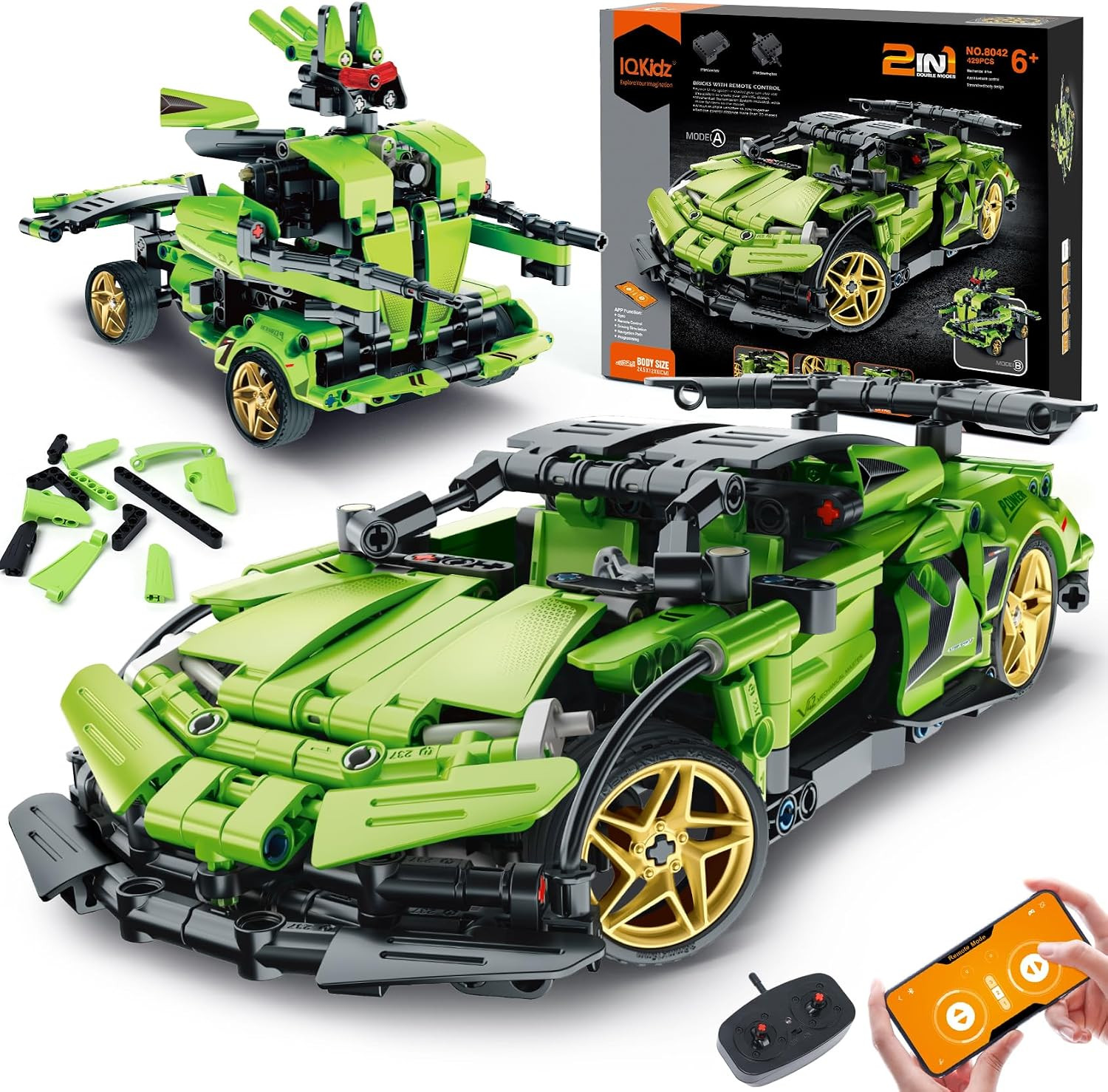 IQKidz STEM Building Blocks Kit for Kids - 2 in 1 Remote Control Race Car and Robot Toy, Great Gift for Boys, Teens Age 6 7 8-12+ Year Old Who Love Engineering and RC Sports Car Toys | Amazon (US)
