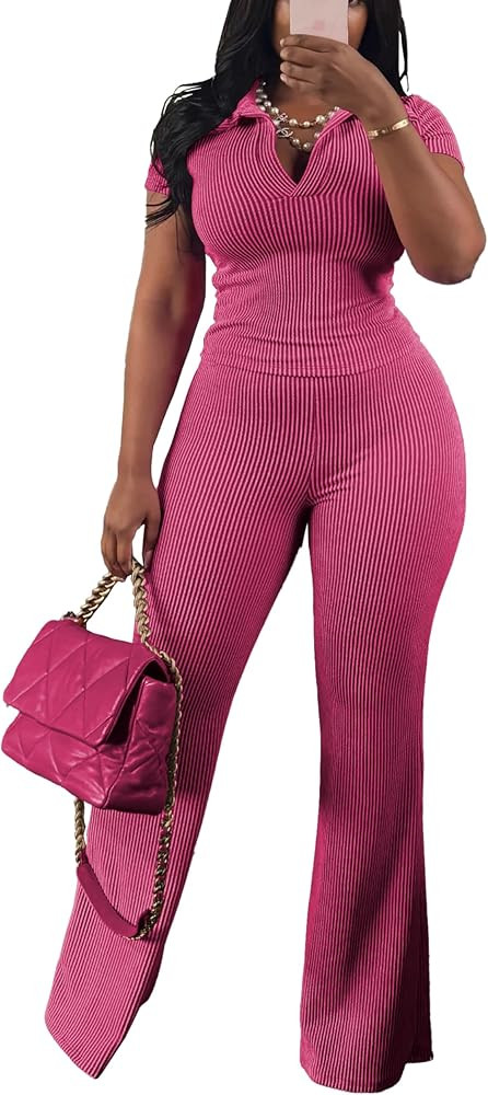 HBQ Women Two Piece Outfit Ribbed Short Sleeve V Neck Polo Top and Flare Pants Casual Lounge Sets... | Amazon (US)