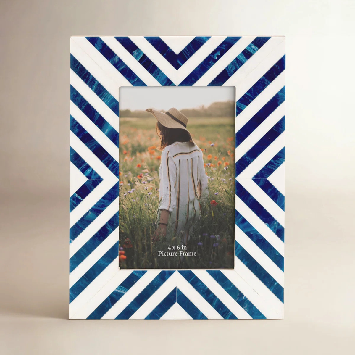 Bone & Resin Chevron Picture Frame - 4'' x 6'' - Blue & White - Tabletop/Wall Display | Wayfair North America
