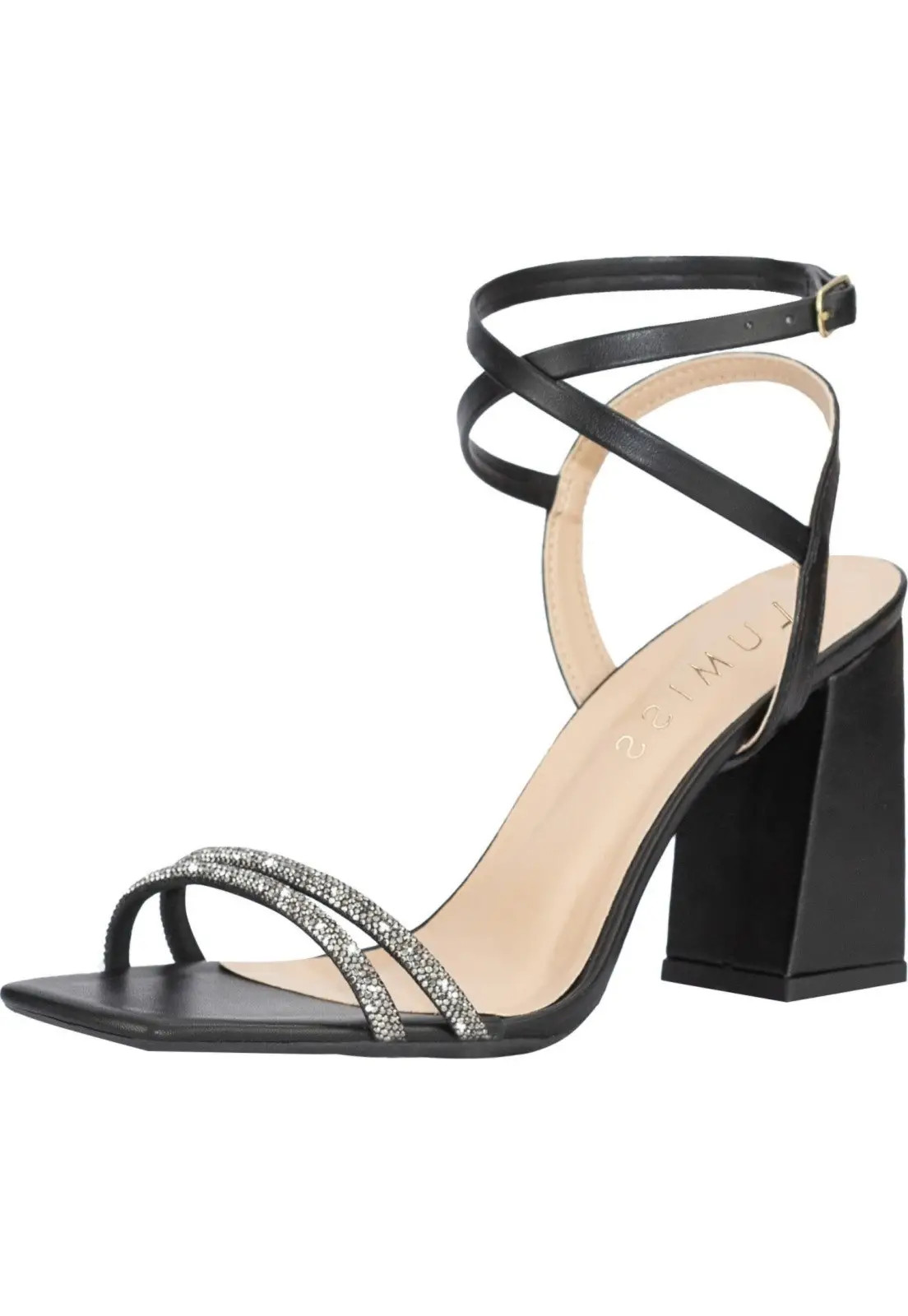 Sandália Feminina Salto Bloco Alto Grosso Lumiss Tiras Strass Brilho Confortável Preto | Dafiti (BR)