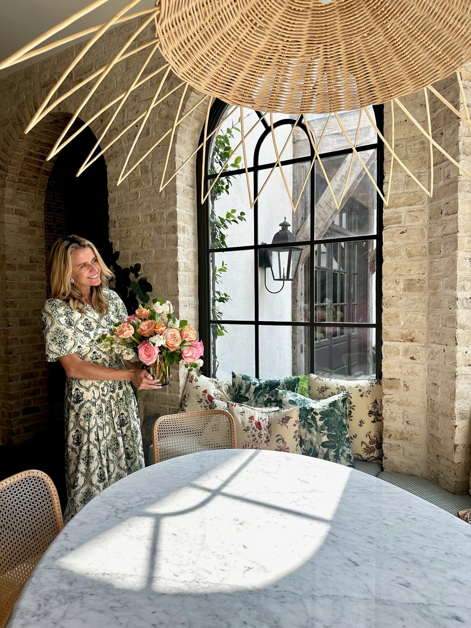 MASON'S DAUGHTER Pleated Midi Dress, Green and Ivory Trellis Print | The Avenue