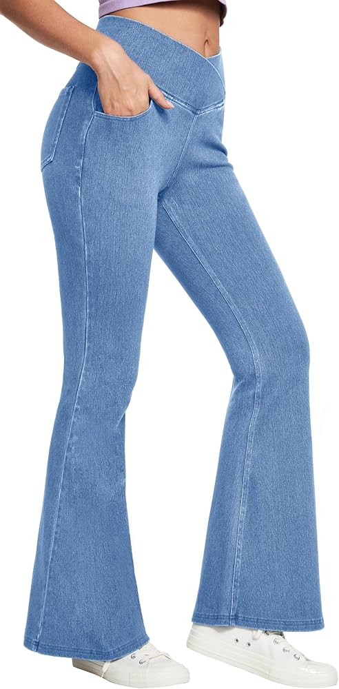 IUGA Stretchy Jeans for Women Bell Bottom Jeans V Cross High Waisted Jeggings Pull On Wide Leg Sw... | Amazon (US)