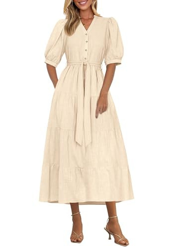 PRETTYGARDEN Summer Dresses for Women 2026 Elegant Classy Short Sleeve V Neck Ruffle A Line Belted Long Beach Vacation Dress (Aprioct,Large) Apricot | Amazon (US)