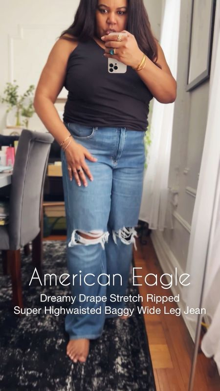Fit Check. American Eagle Dreamy Drape Super Highwaisted Baggy Wide Leg Jean. That's a lot of words for a jean name but here we are. I wear a size 16. These are an 18 so size up. And if you want baggy in more than the leg, size up twice 🤷🏽‍♀️

#LTKcurves #LTKunder100 #LTKstyletip